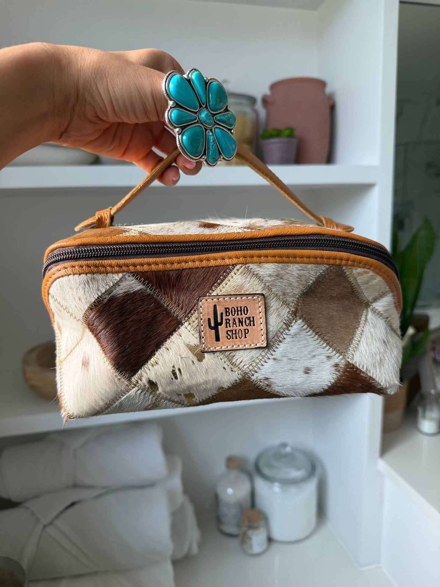 Boho Ranch Shop - Ella Cowhide Makeup Bag Leather Cosmetic Diagonal Opening - WHITE + PINK SPECS