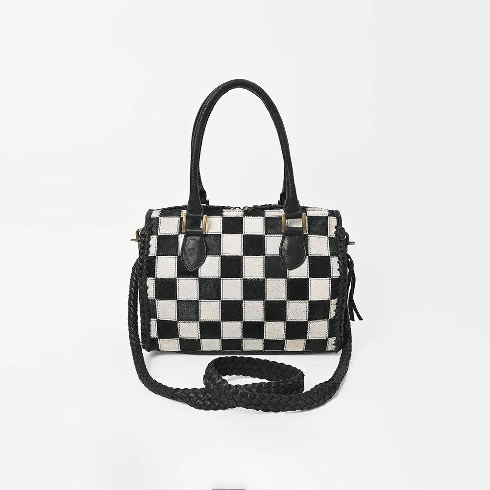 LS Western - Hair-On Hide Satchel Bag for Women Checkered Leather Handbag - ADBGM860B