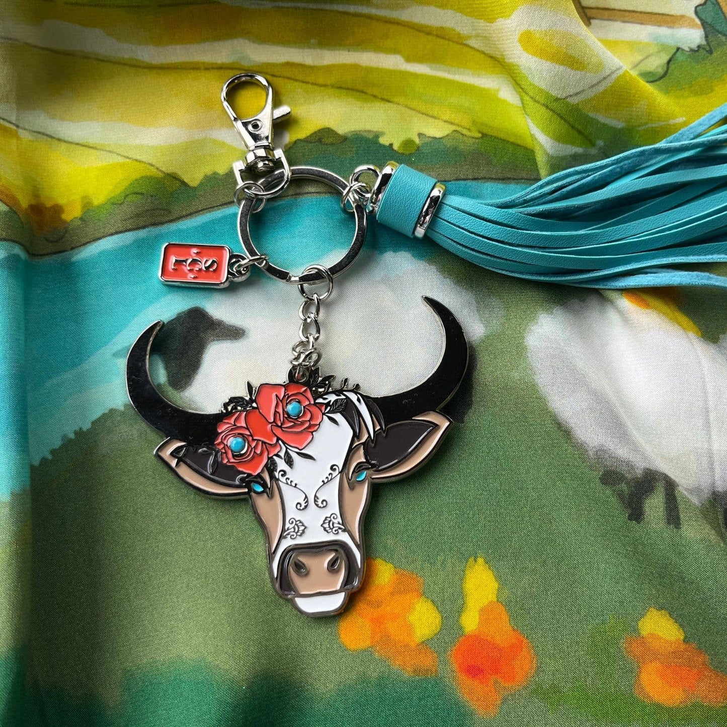 Sophisticated Country Lady - Rodeo Rosie Cow Enamel Keychain Bag Charm - Hanging Card