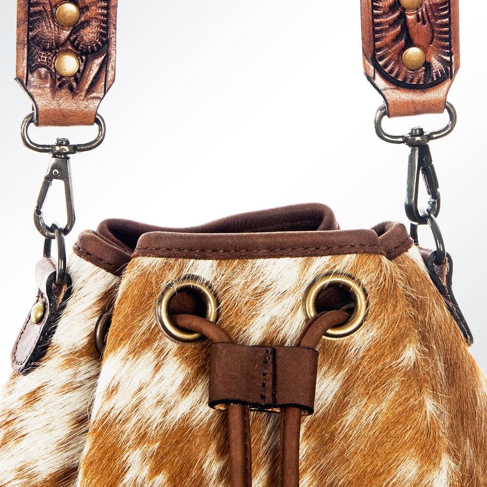 LS Western - ADBG569 American Darling Hand Tooled Floral Leather & Hair-On Cowhide Western Bucket Bag - ADBG569TAW