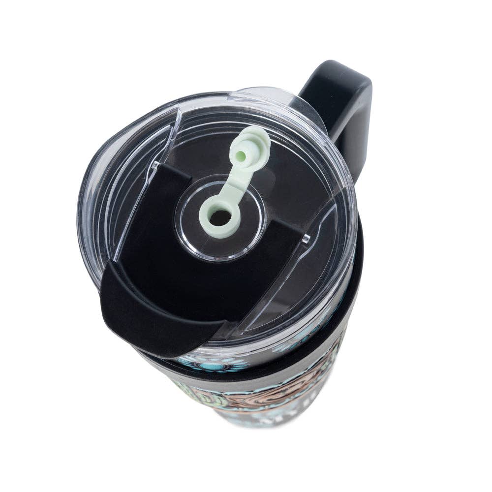 Myra Bag - Concho Crest Western Tooled Tumbler in Black Stainless Steel with Leather Wrap and Handle - WITH TOOLING