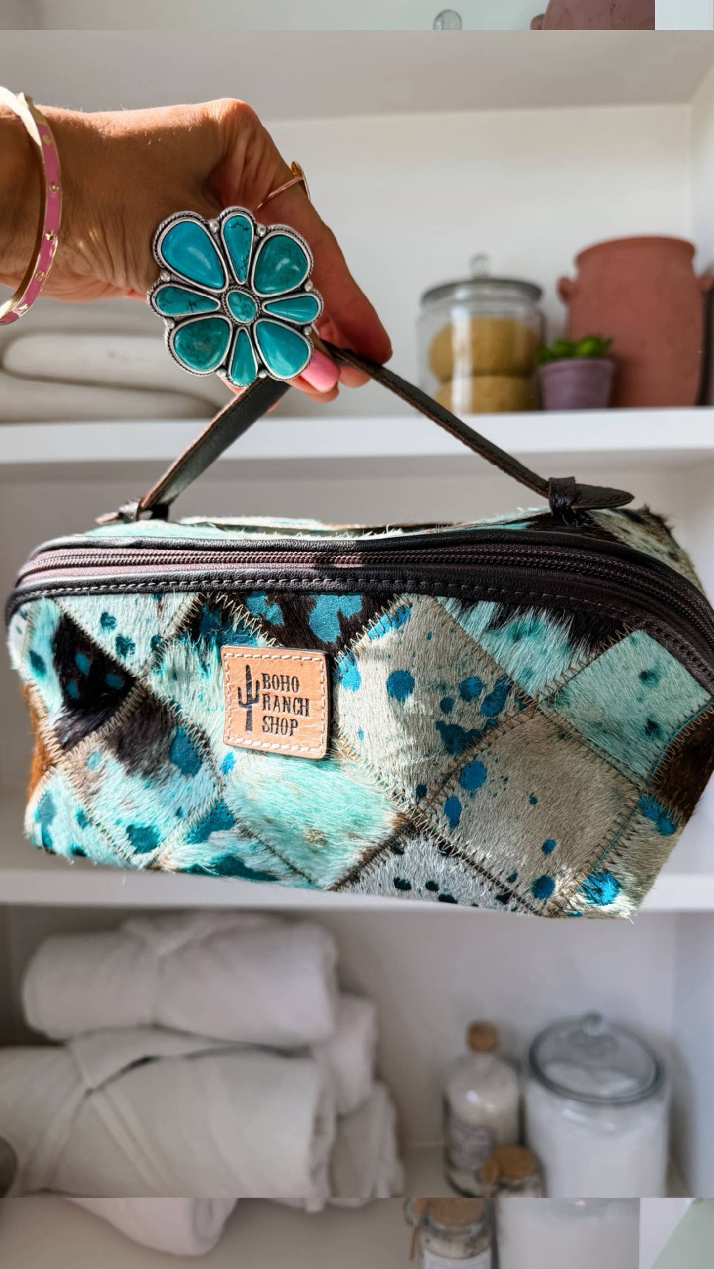 Boho Ranch Shop - Ella Cowhide Makeup Bag Leather Cosmetic Diagonal Opening - DARK BROWN + TURQUOISE SPECS
