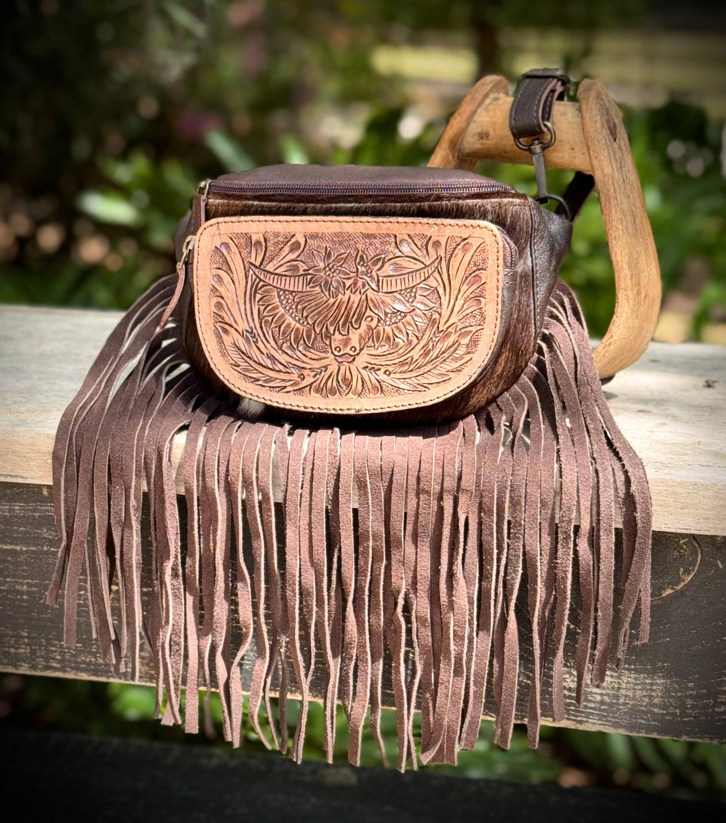Southern Junkie Gypsy Boutique - Cowhide Leather Fanny Pack Sling Bag Highland Cow Western