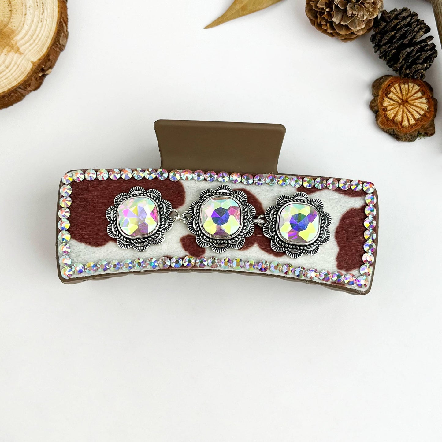mildstyles - Vintage Western Cowboy Cow Print Rhinestone Hair Claw Clip - A