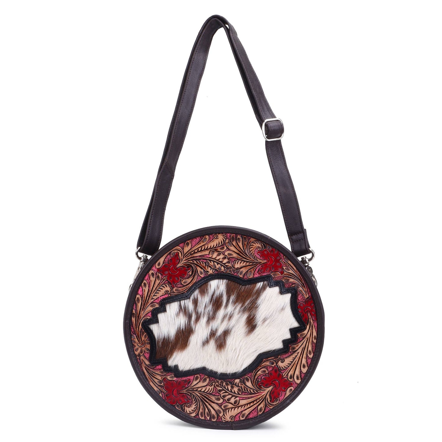 Leather Cowhide Western Hand Tooled Women's Round Crossbody - Free Bird Hand Tooled with Tan White Cowhide Inlay.