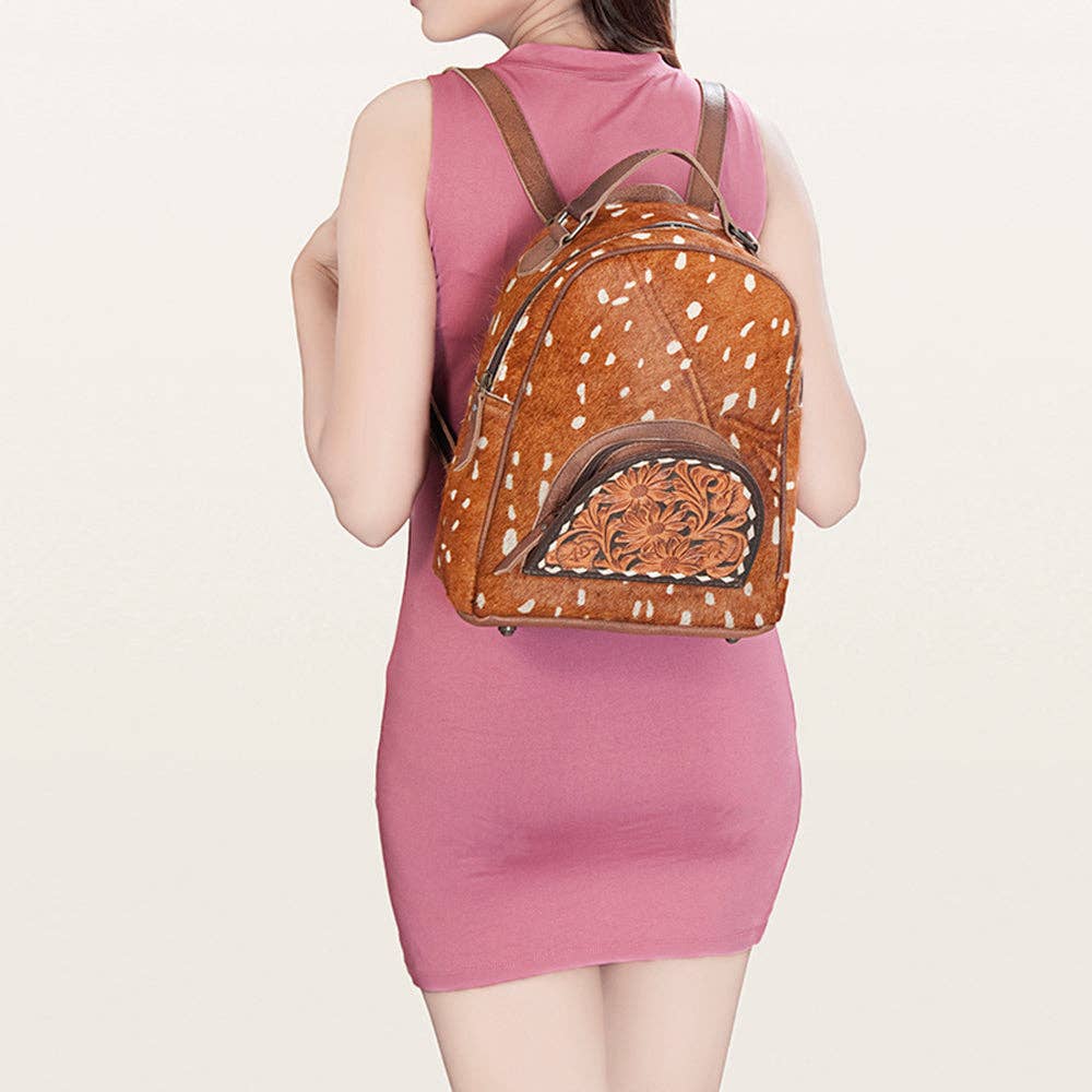 LS Western - ADBGS156 Printed Cowhide Leather Backpack with Tooled Floral Pocket - Western Wild Style - ADBGS156AF
