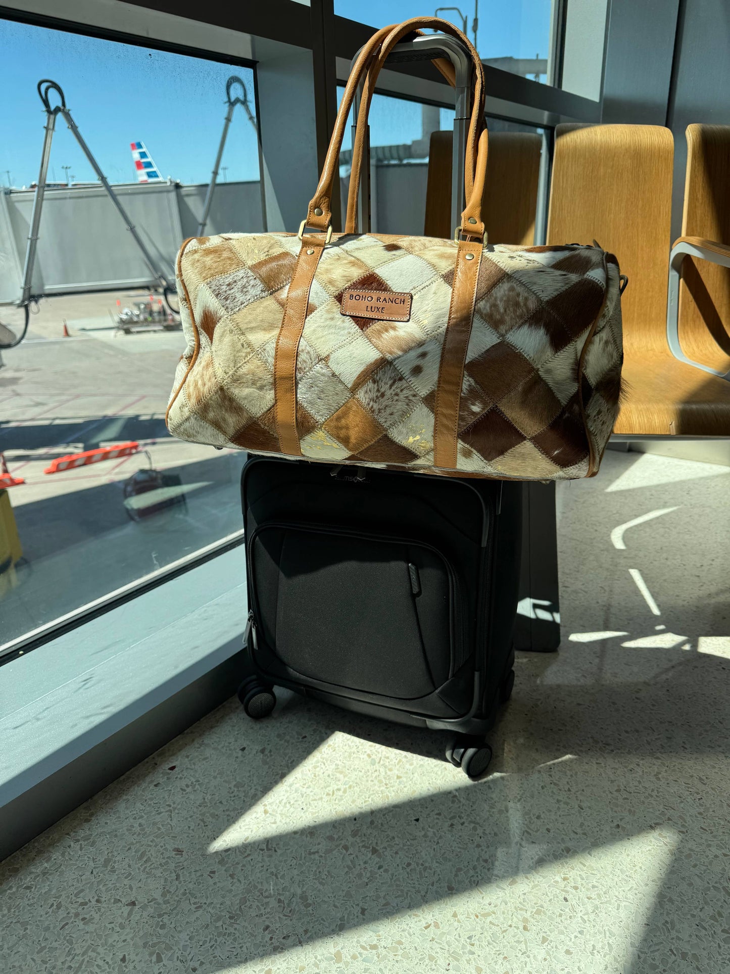 Boho Ranch Shop - BOHO LUXE DUFFLE Weekender Leather HairOn Cowhide Travel Bag - Brown +White Cowhide