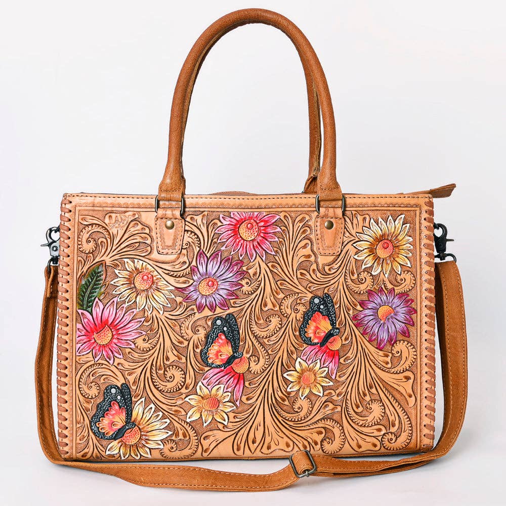 ADBG235 American Darling Western Leather Tote Bag - Hand Tooled Floral Carved Braided Purse - ADBG235J
