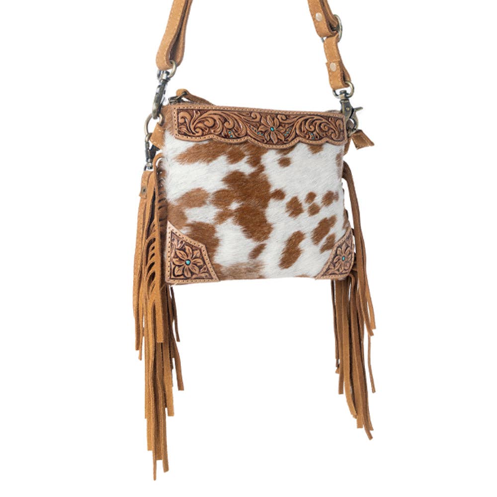 Myra Bag - Bourbon Trail Handtooled Bag for Women in brown with hairon and fringe detail - Brown & White