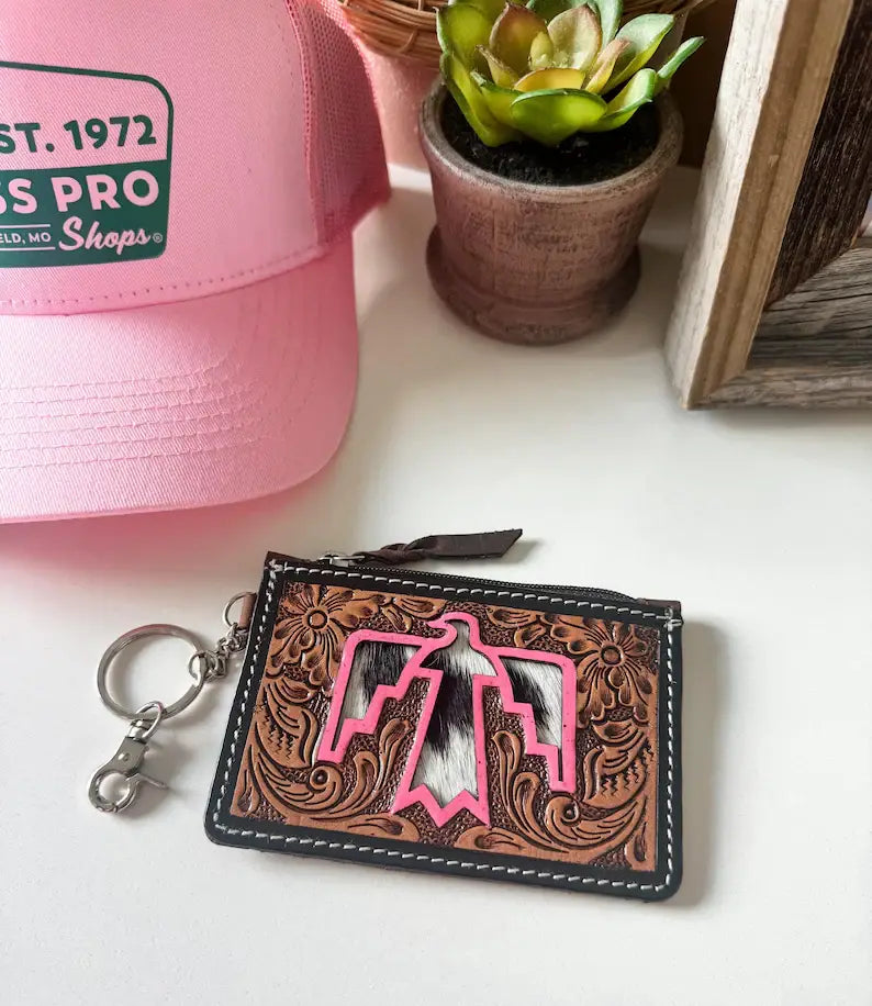 Boho Ranch Shop - Tooled Leather Keychain Wallet Thunderbird Longhorn Bow Hat - TURQUOISE COWBOY HAT