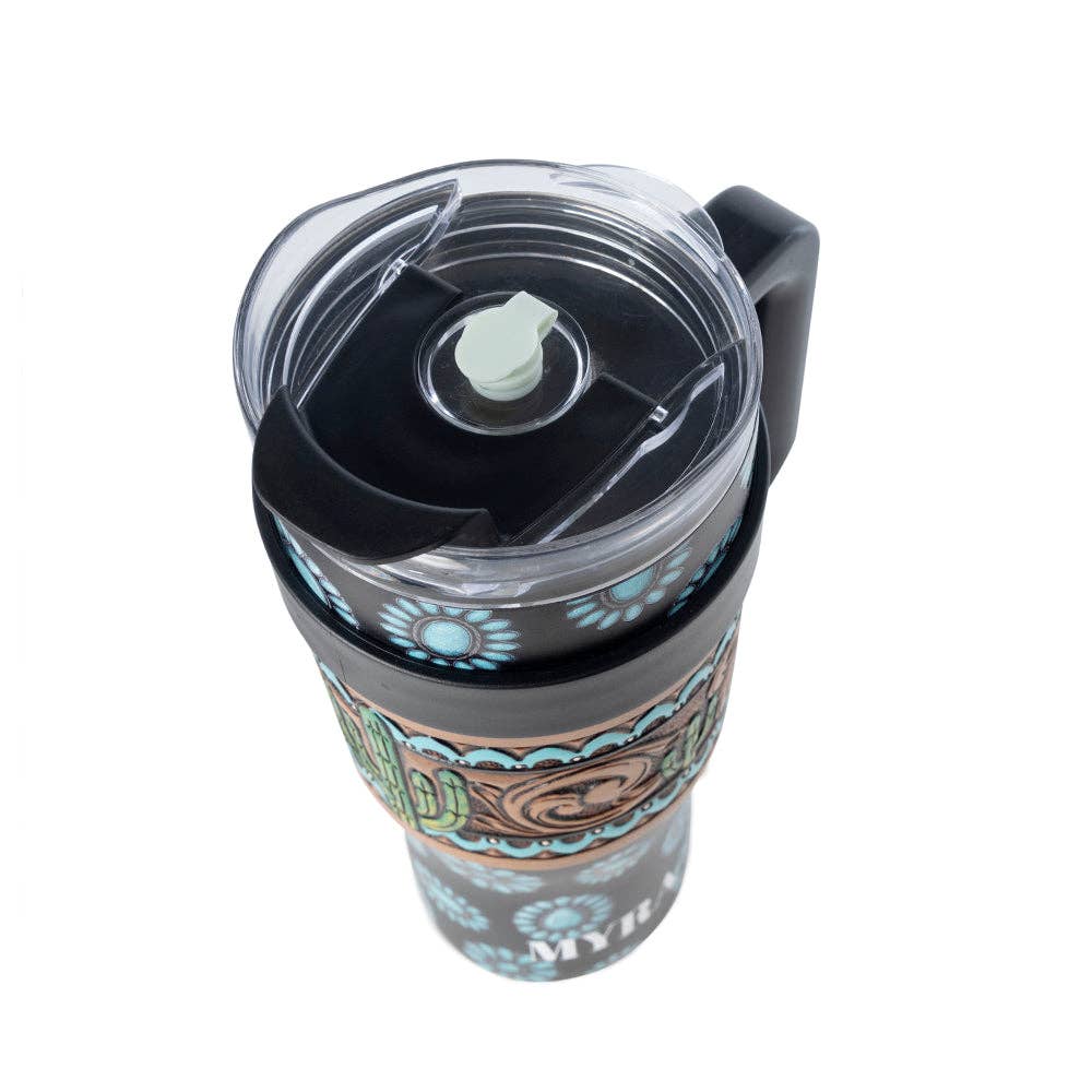 Myra Bag - Concho Crest Western Tooled Tumbler in Black Stainless Steel with Leather Wrap and Handle - WITH TOOLING