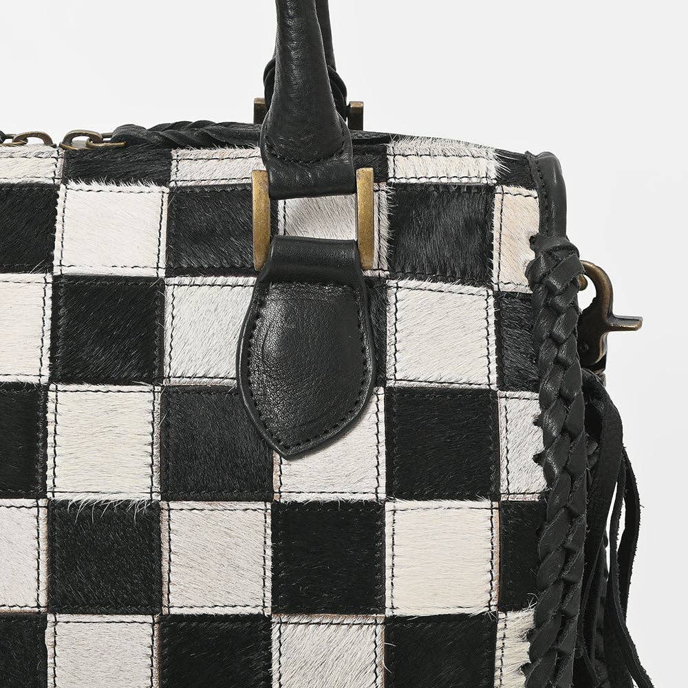 LS Western - Hair-On Hide Satchel Bag for Women Checkered Leather Handbag - ADBGM860B