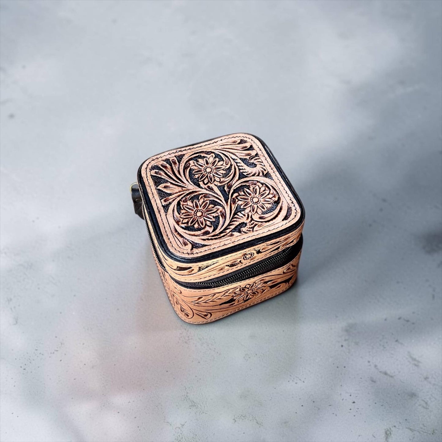 Tan small tooled leather jewelry box