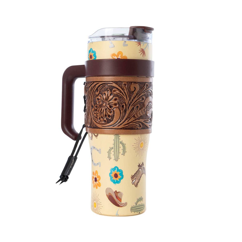Myra Bag - Trailkissed Western Tumbler in Yellow Stainless Steel with Leather Wrap and Handle for Everyday Use - WITH TOOLING