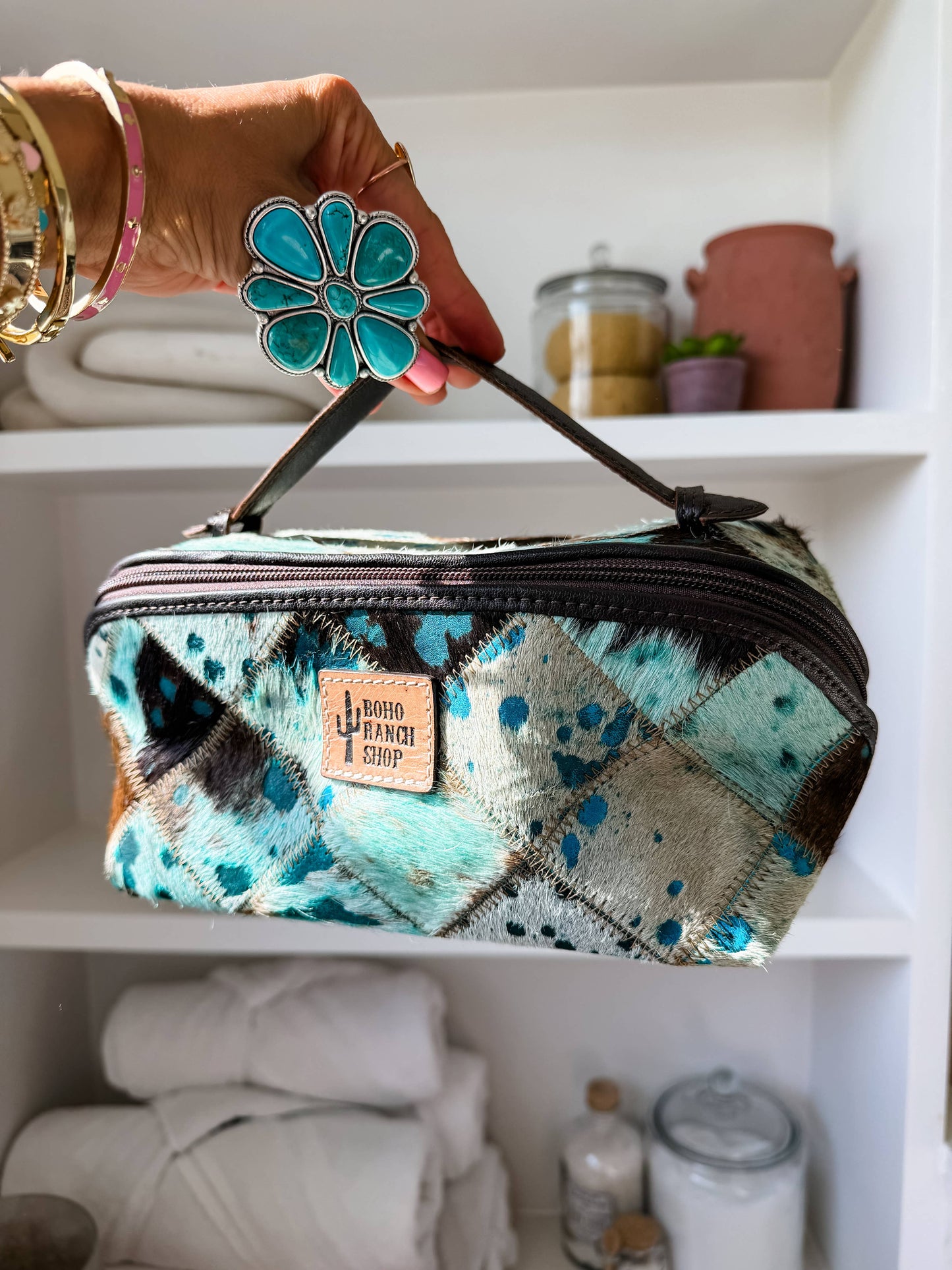 Boho Ranch Shop - Ella Cowhide Makeup Bag Leather Cosmetic Diagonal Opening - DARK BROWN + TURQUOISE SPECS