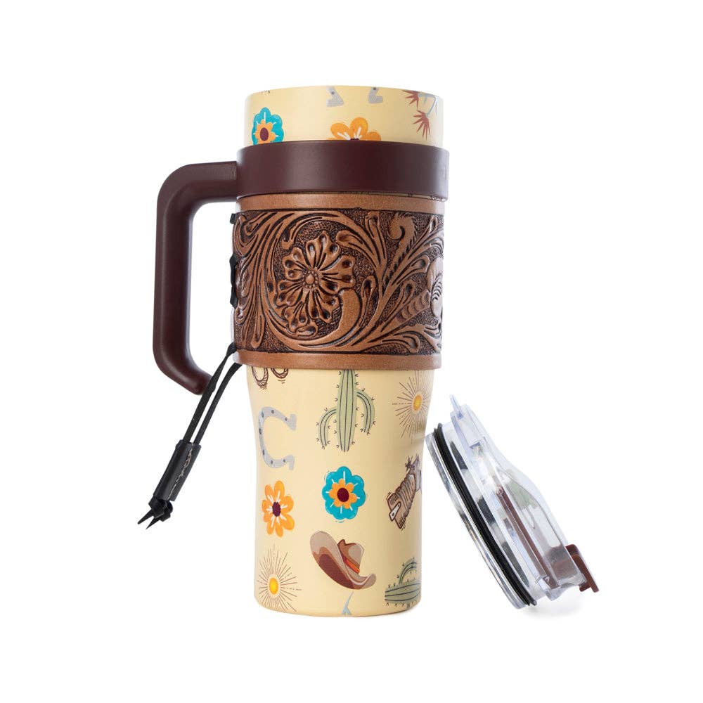 Myra Bag - Trailkissed Western Tumbler in Yellow Stainless Steel with Leather Wrap and Handle for Everyday Use - WITH TOOLING