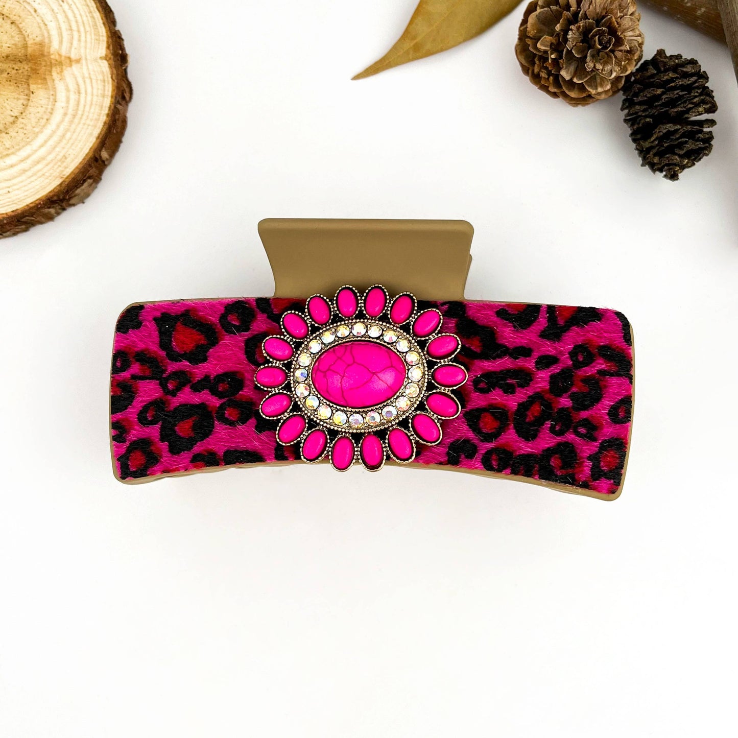 mildstyles - Boho Turquoise Pink Leather Rectangle Hair Claw Clip - A