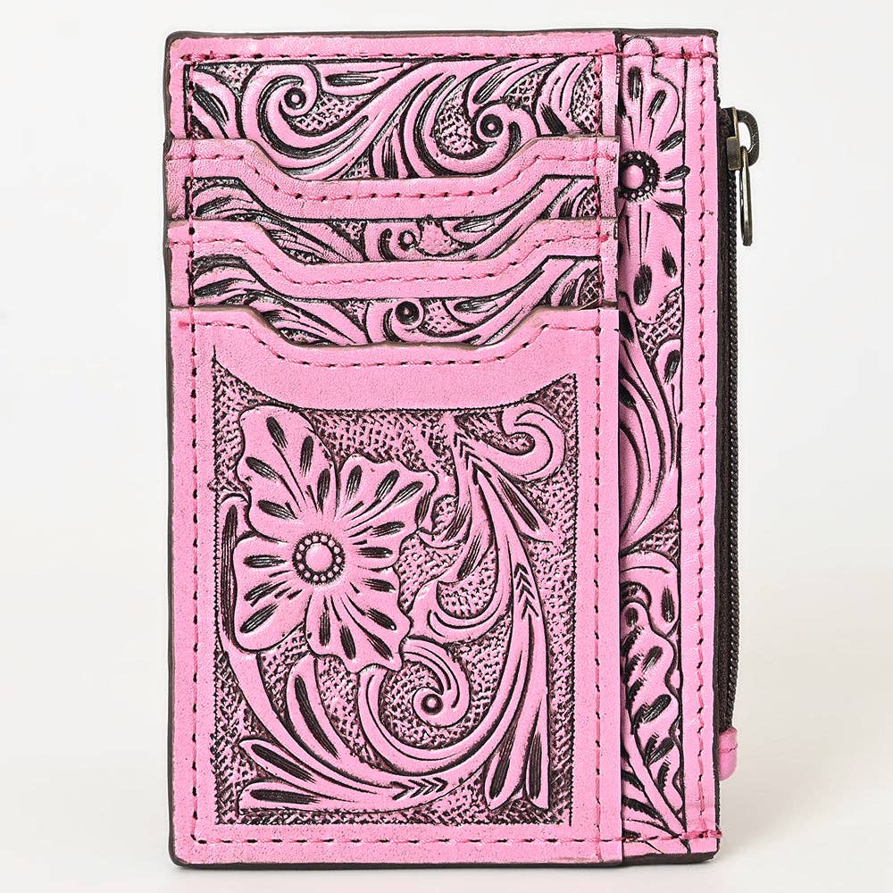 American Darling Pink Western Leather Card Holder Bag with Hand-Tooled Floral Carving - ADBG1506C