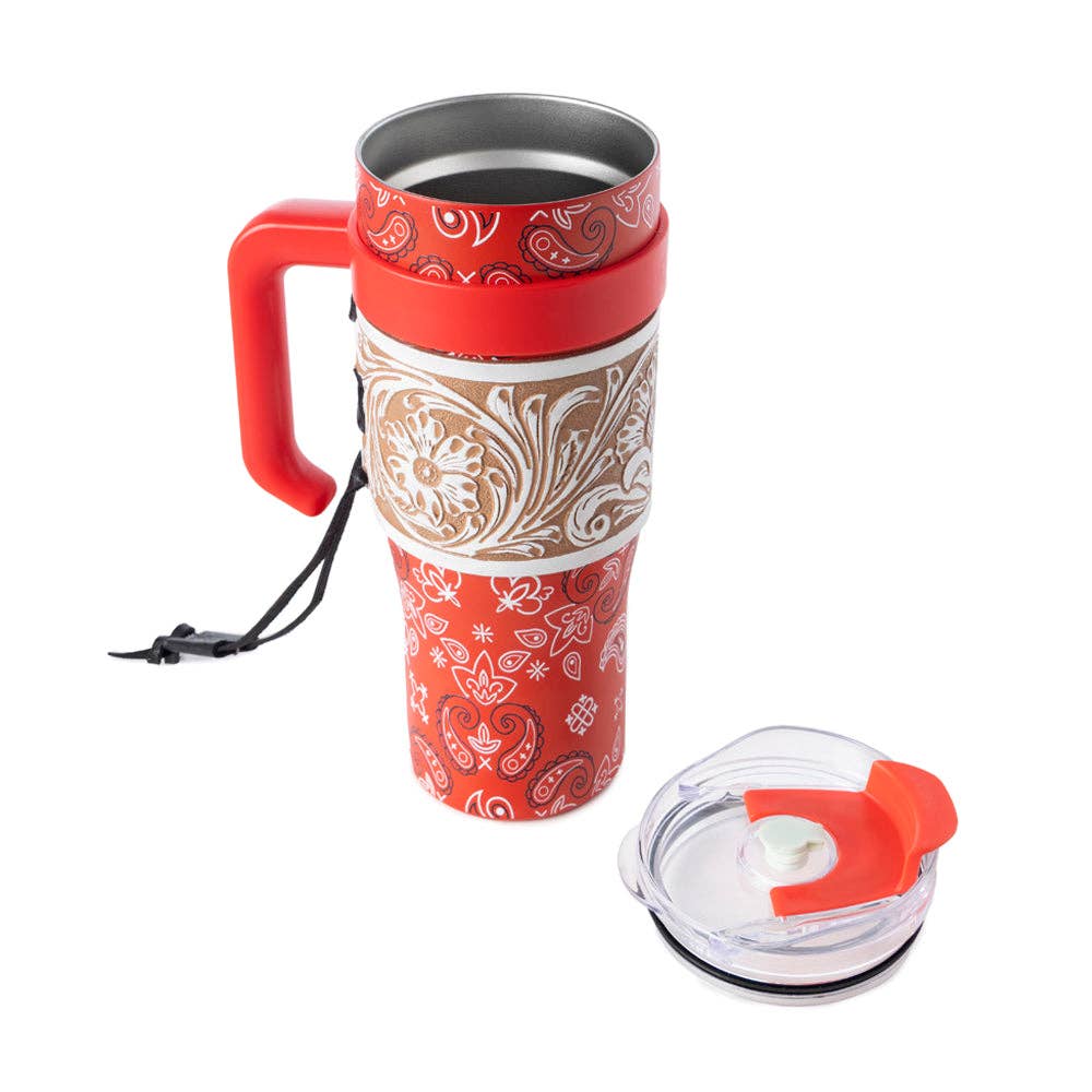 Myra Bag - Bandana Tooled Western Tumbler in Red Stainless Steel with Handtooled Leather and Handle for Use - WITH TOOLING