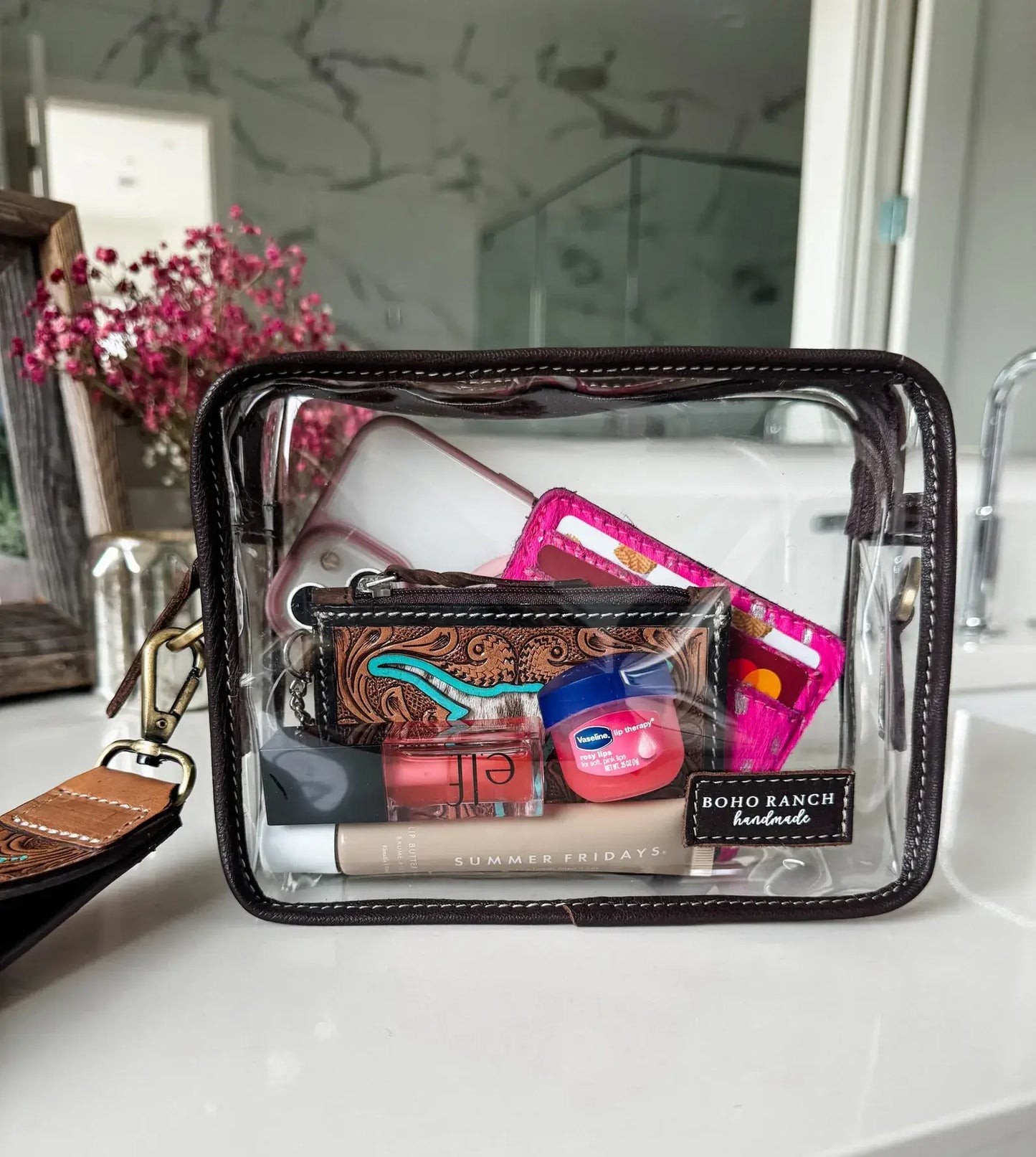 Boho Ranch Shop - DARLA CLEAR WRISTLET | transparent western purse - game day  - BROWN