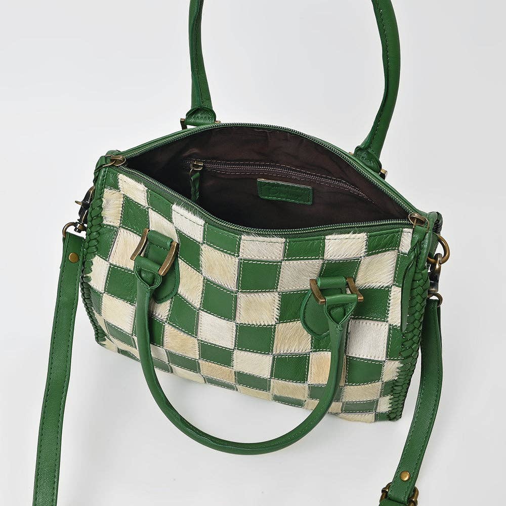 American Darling - Hair-On Hide Satchel Bag for Women Checkered Leather Handbag - ADBGM860A
