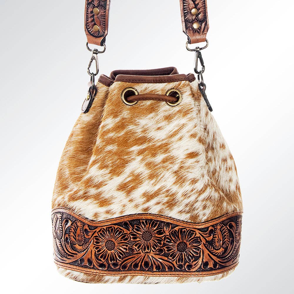 LS Western - ADBG569 American Darling Hand Tooled Floral Leather & Hair-On Cowhide Western Bucket Bag - ADBG569TAW