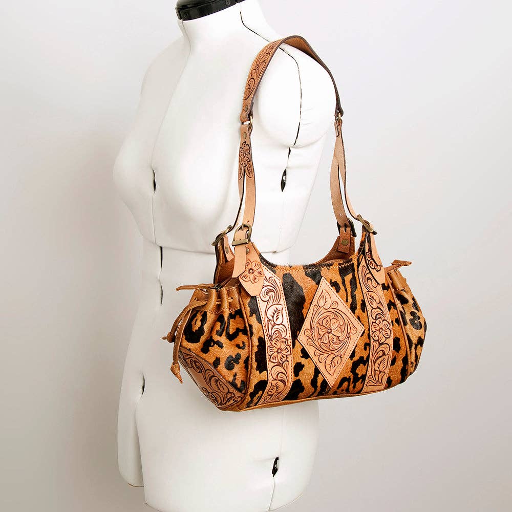 LS Western - ADBGA209 Western Floral Tooled Leather Cowhide Shoulder Handbag with Drawstring Tassel - ADBGA209B