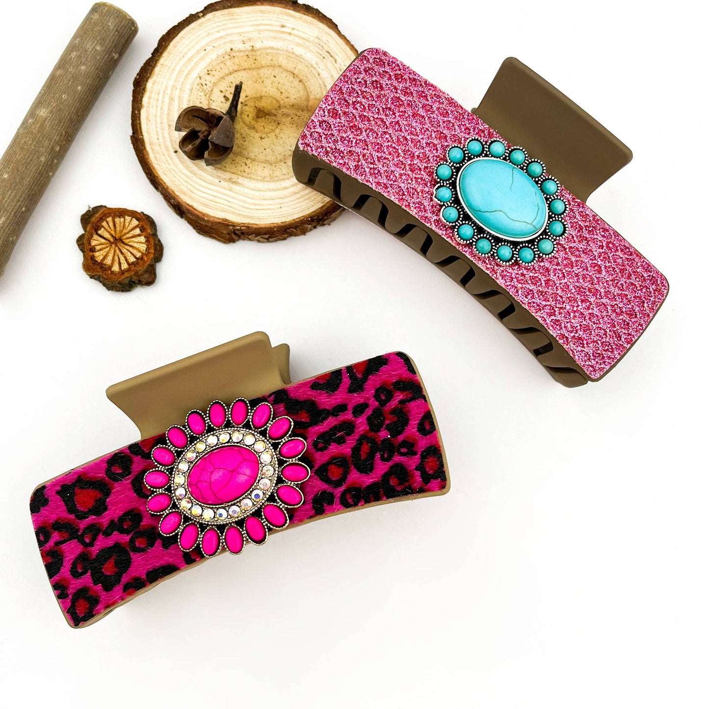 mildstyles - Boho Turquoise Pink Leather Rectangle Hair Claw Clip - C