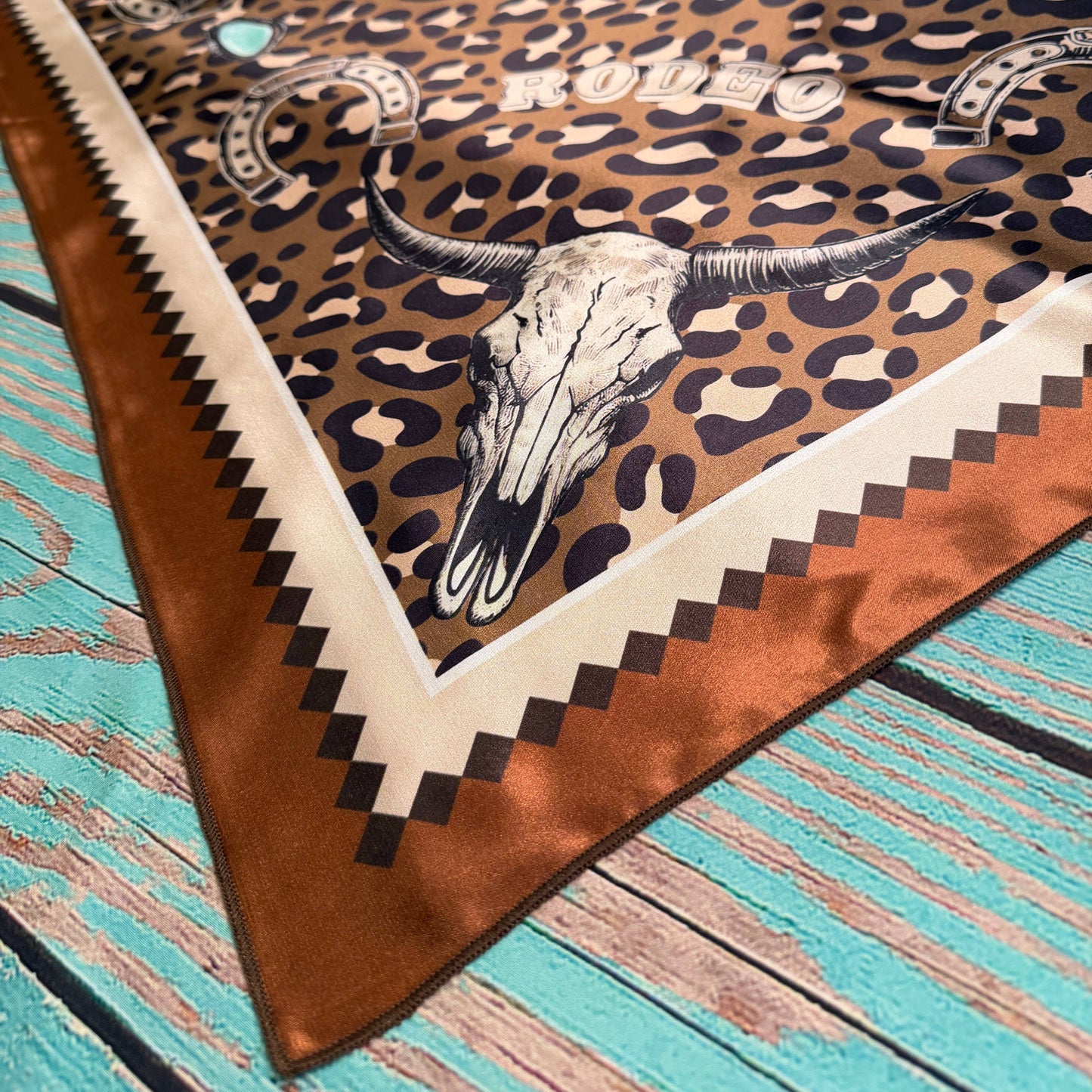 WESTERN RODEO PRINT SILK SCARF 36X36 - Mocha/Turquoise