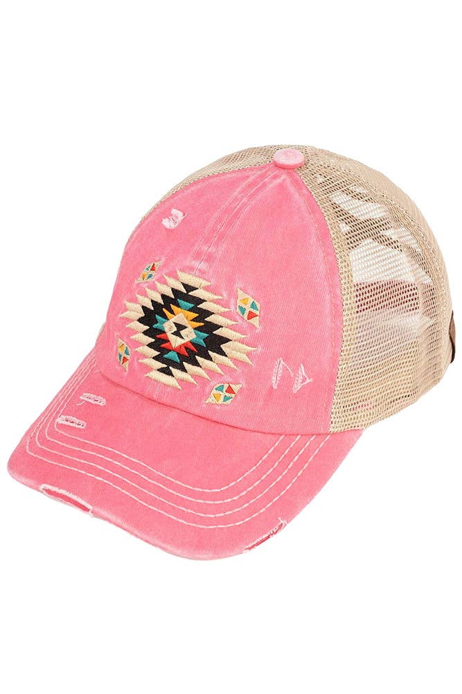 Hana - C.C Aztec Patch Distressed Criss-Cross Pony Cap - Gray