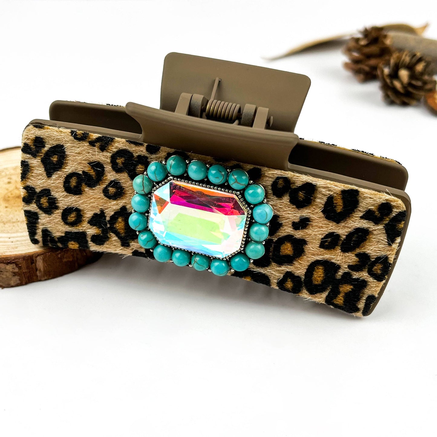 mildstyles - Boho Turquoise Leopard Print Leather Hair Claw Clip - A