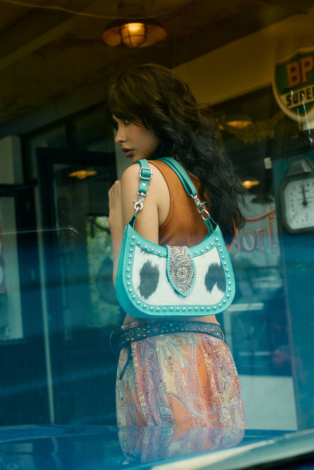Myra Bag - Santa Fe Handtooled Bag for Women in Turquoise with hairon and studded detail - Turquoise