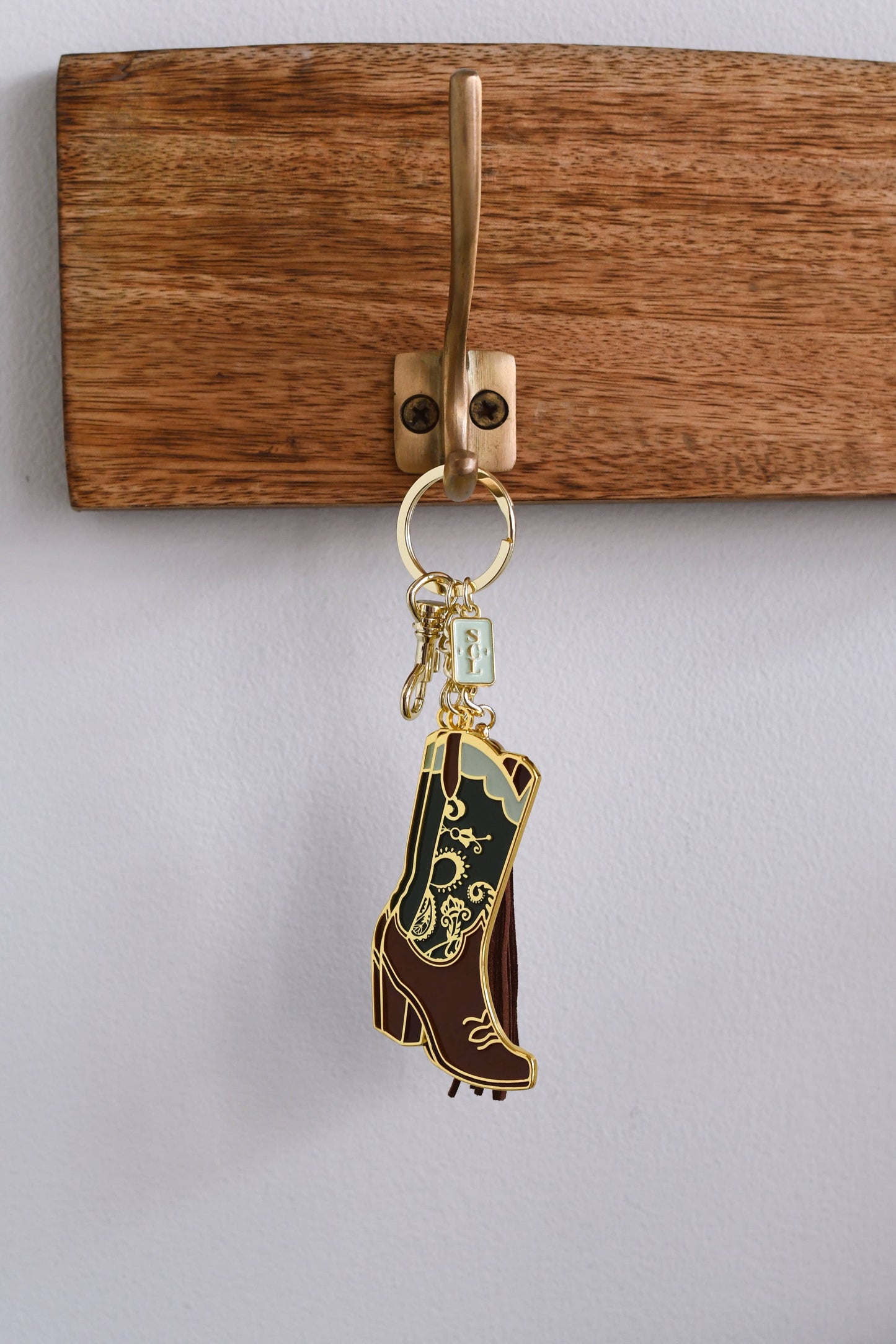 Sophisticated Country Lady - Emerald Paisley Cowgirl Boots Enamel Keychain Bag Charm - Hanging Card