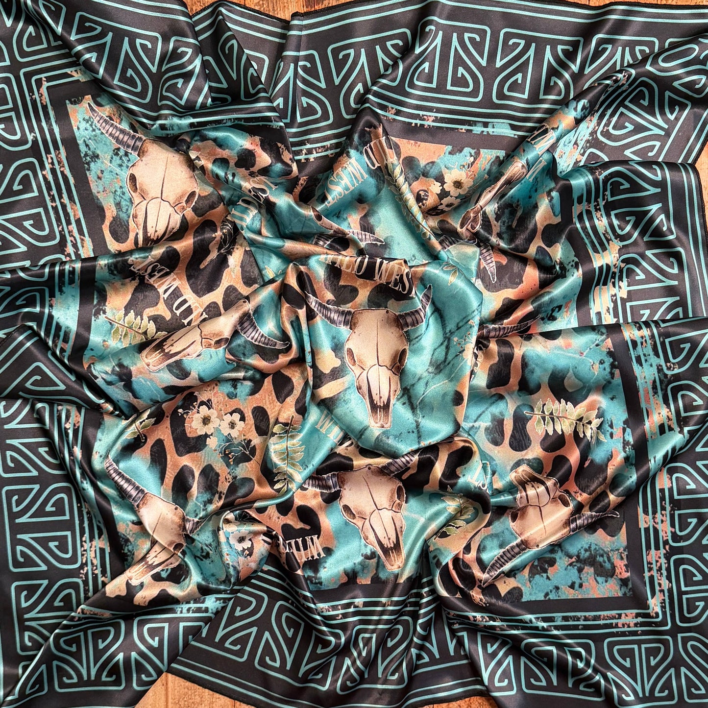WESTERN LONGHORN PRINT SILK CARF 36X36 - Black/Turquoise
