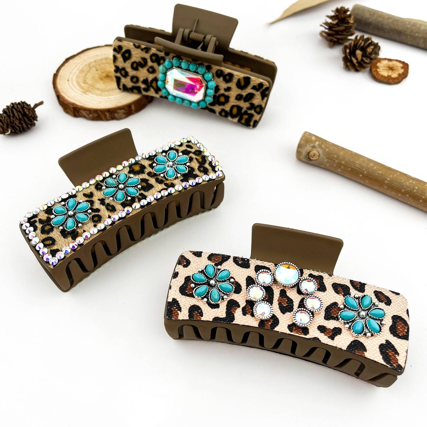 mildstyles - Boho Turquoise Leopard Print Leather Hair Claw Clip - C