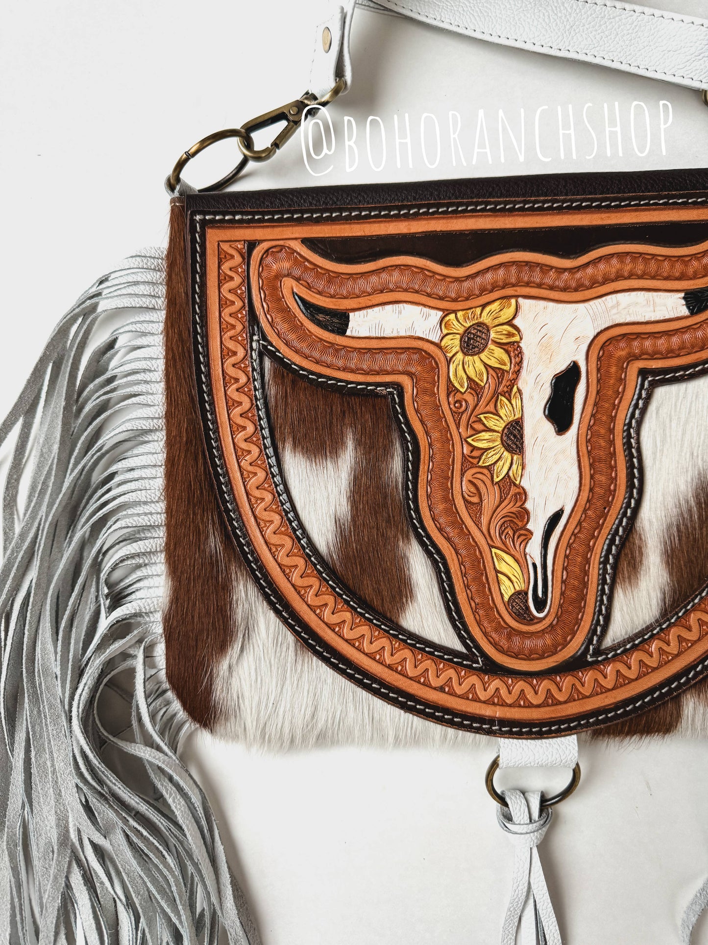 Boho Ranch Shop - THE CAROLINE CROSSBODY steer longhorn - cowhide purse bag - YELLOW FLOWER