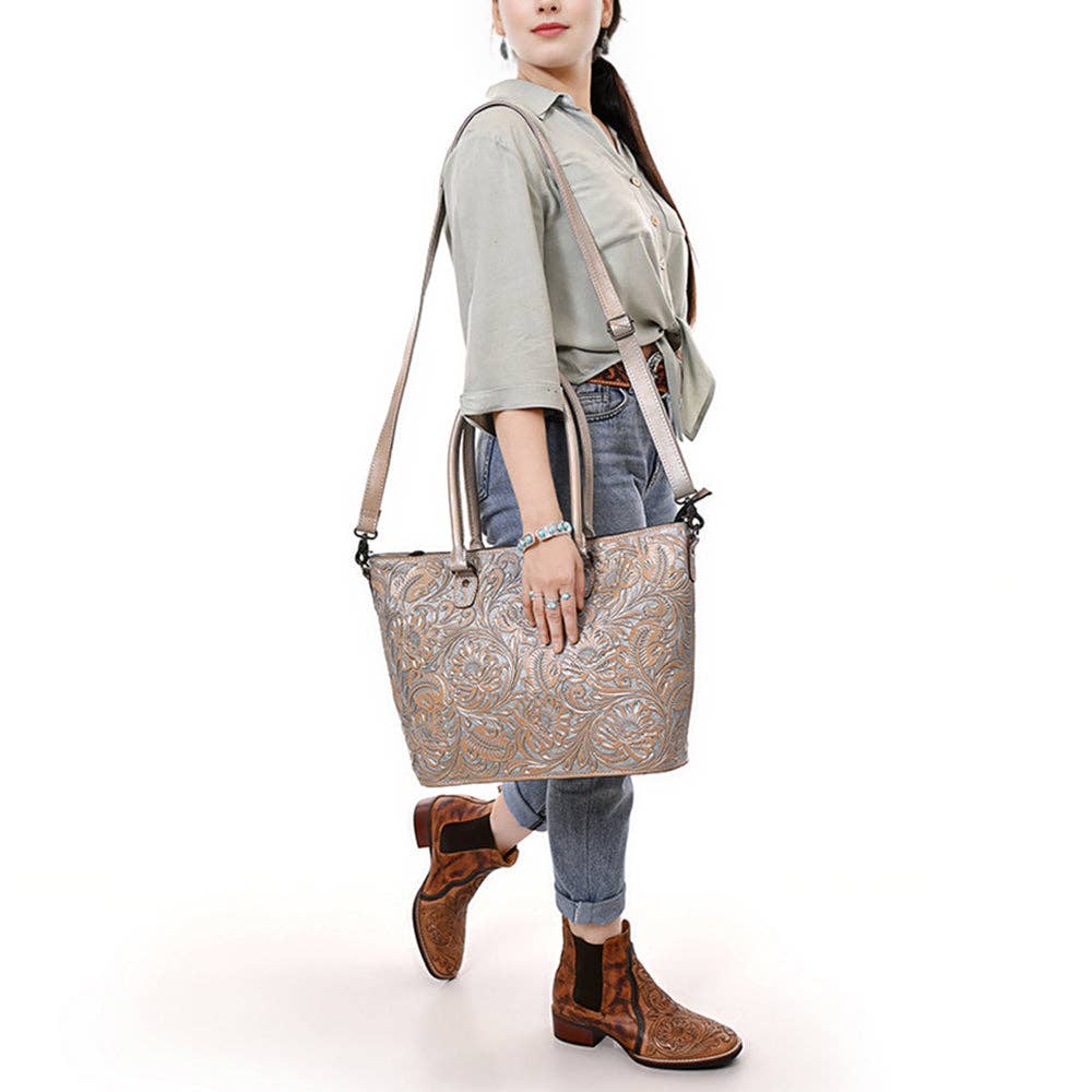 LS Western - ADBG1519 American Darling Western Genuine Leather Tote Bag with Hand-Tooled Detailing | Premium Everyday Carry - ADBG1519B