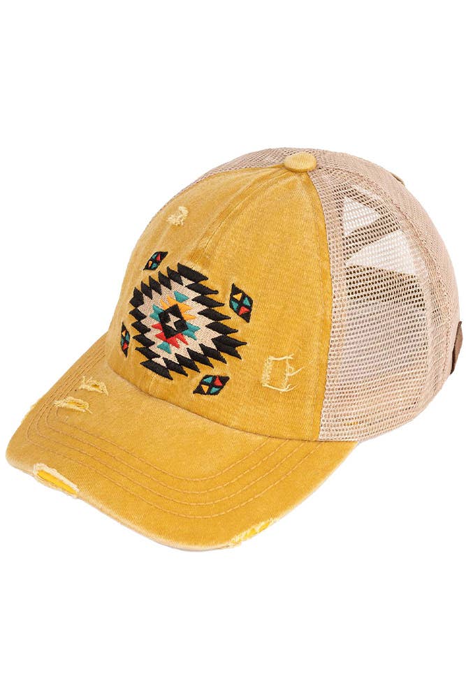 Hana - C.C Aztec Patch Distressed Criss-Cross Pony Cap - Gray