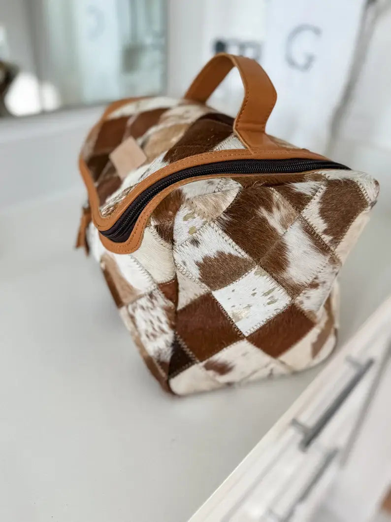 Boho Ranch Shop - BOHO LUXE TOILETRY bag Genuine Hair On travel storage  - Tan Leather