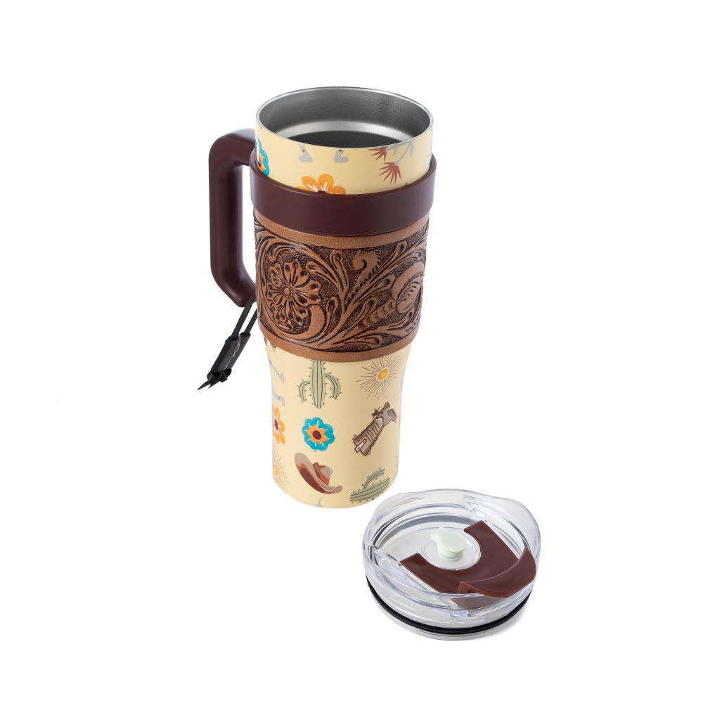 Myra Bag - Trailkissed Western Tumbler in Yellow Stainless Steel with Leather Wrap and Handle for Everyday Use - WITH TOOLING
