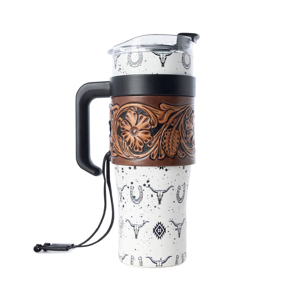 Myra Bag - Westmark Tooled Western Tumbler in White Stainless Steel with Leather Wrap and Handle for Use - WITH TOOLING