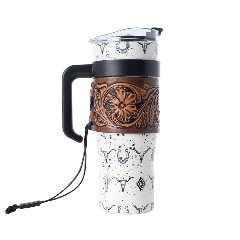 Myra Bag - Westmark Tooled Western Tumbler in White Stainless Steel with Leather Wrap and Handle for Use - WITH TOOLING
