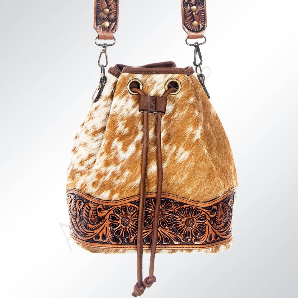 LS Western - ADBG569 American Darling Hand Tooled Floral Leather & Hair-On Cowhide Western Bucket Bag - ADBG569TAW