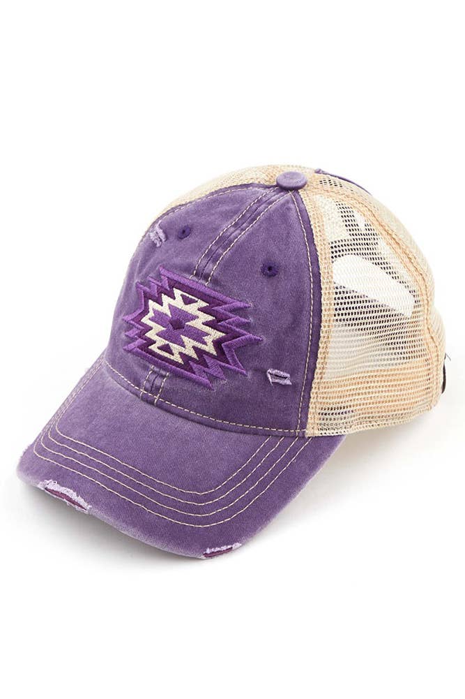 Hana - C.C Aztec Patch Embroidery Mesh Pony Cap - Black