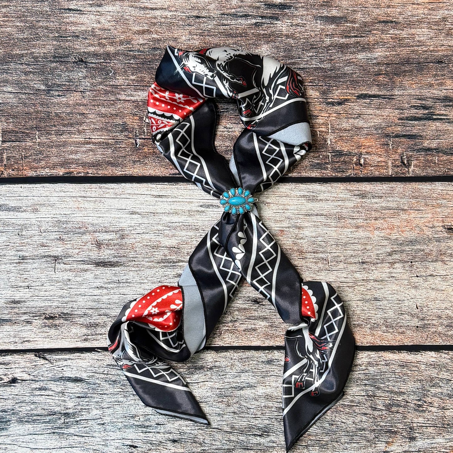 BANDANA HORSE PRINT SILK SCARF 36X36 - Black/Red