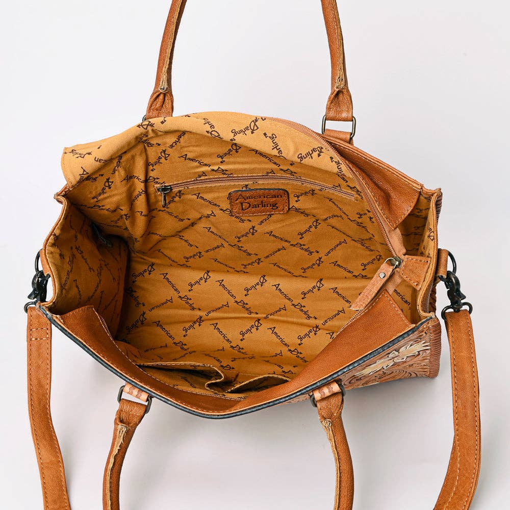 ADBG235 American Darling Western Leather Tote Bag - Hand Tooled Floral Carved Braided Purse - ADBG235J