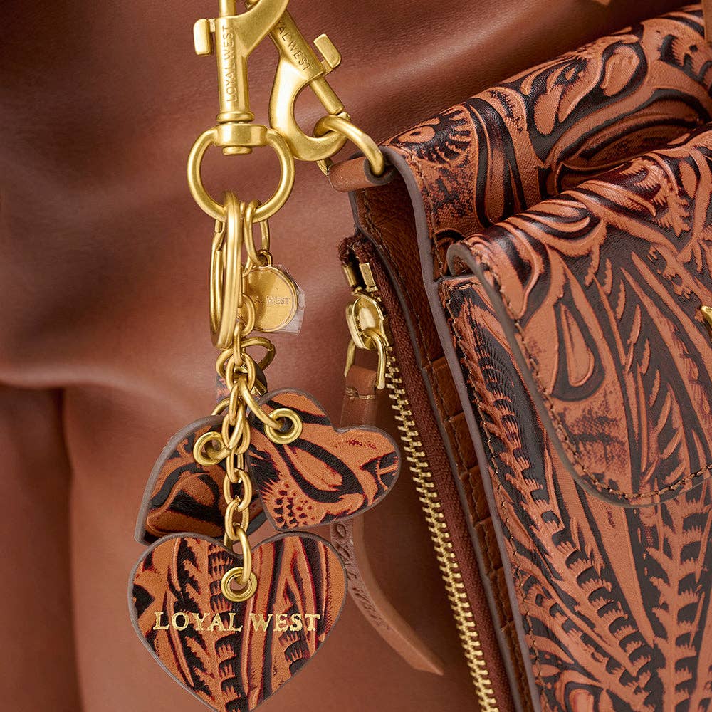 Myra Bag - Loyal West Heart Shape Keychain In Hand Finished Embossed Leather -  Brown - Single