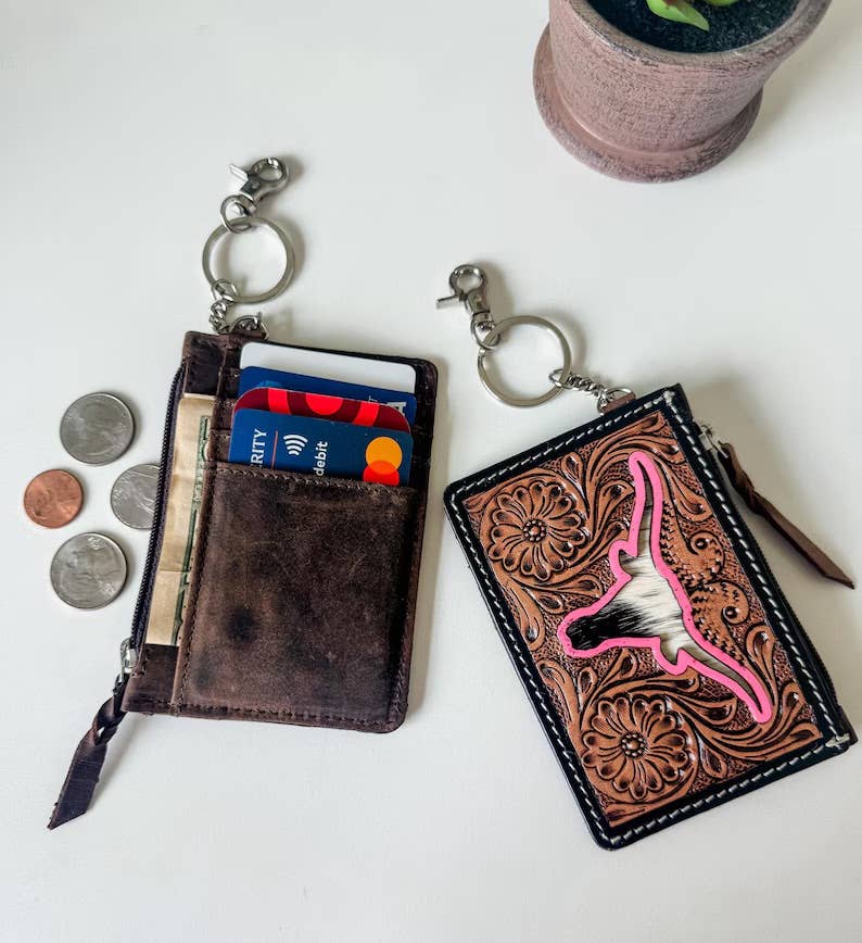 Boho Ranch Shop - Tooled Leather Keychain Wallet Thunderbird Longhorn Bow Hat - THUNDERBIRD