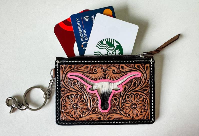 Boho Ranch Shop - Tooled Leather Keychain Wallet Thunderbird Longhorn Bow Hat - TURQUOISE COWBOY HAT