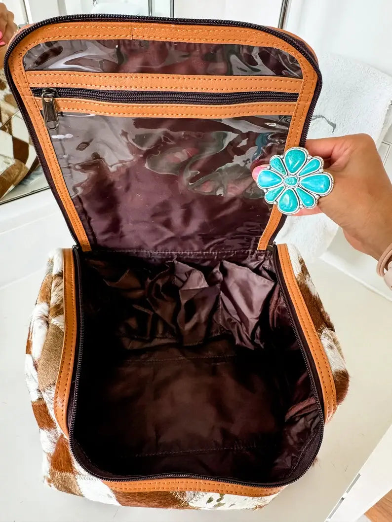 Boho Ranch Shop - BOHO LUXE TOILETRY bag Genuine Hair On travel storage  - Tan Leather